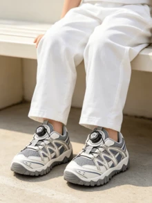 Big Kids Unisex Grey & Blue Mesh Thick Sole Sports Shoes, Rotary Buckle Design, Breathable & Non-Slip, Suitable For School, Running, Outdoor & Daily Wear - Grey - View 3