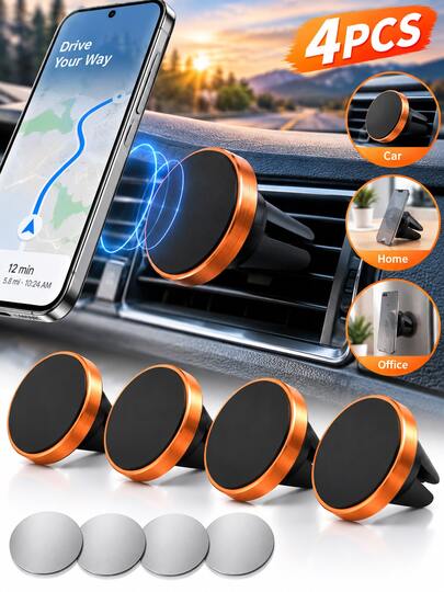 4PCS Aluminum Alloy Magnetic Car Phone Holder, Air Vent Clip Mount, 360° Rotation Universal Navigation Bracket, Hands-Free Cell Phone Stand, Car Accessories, Daily Commute, Road Trip, Fall Travel, Halloween, Cyber Monday, Holiday Gift