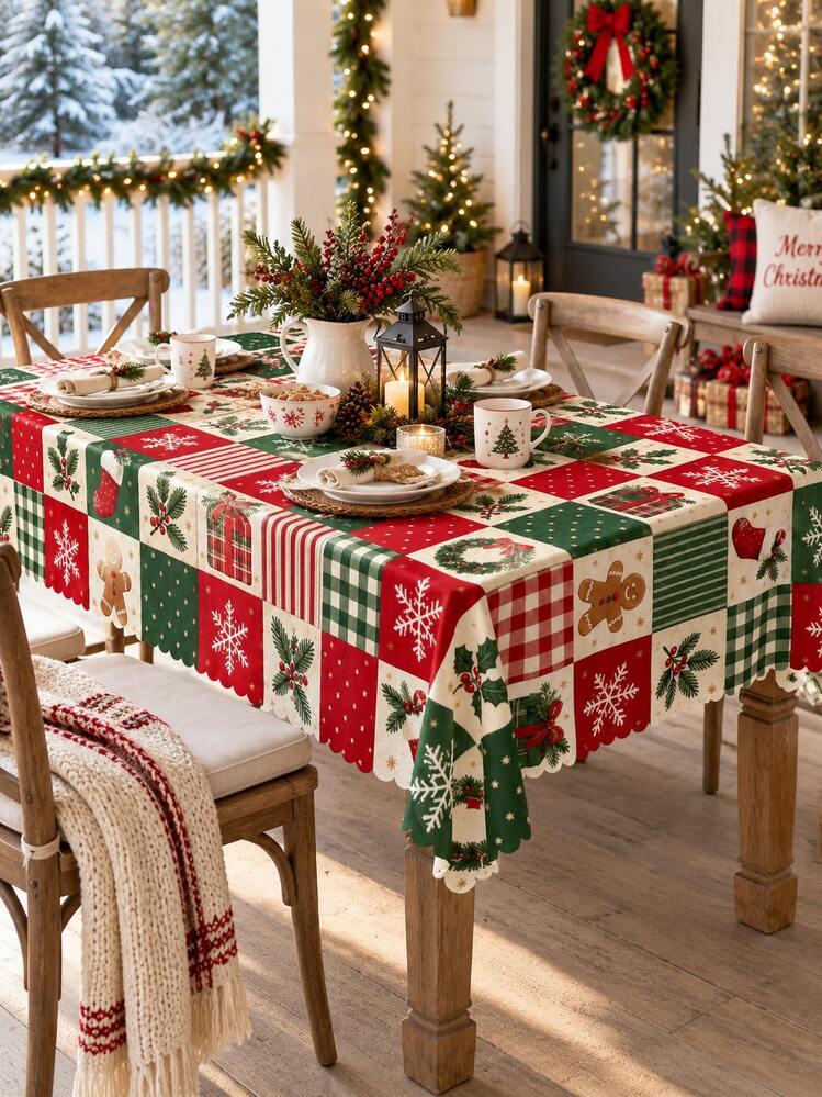 1 cái khăn trải bàn patchwork Giáng Sinh phong cách vintage, màu đỏ xanh, chất liệu polyester, hình chữ nhật/tròn, họa tiết ô kẻ caro, vòng nguyệt quế, cây thông, tất Giáng Sinh và bánh gừng, trang trí nhà bếp và bàn ăn cho buổi tụ họp lễ hội - Nhiều màu - Xem 14