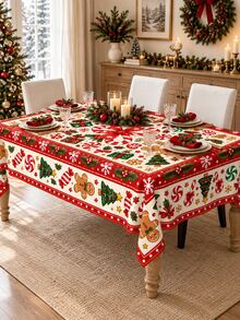 1pc-Retro Gingerbread Man Christmas Table Cover, Red Green Cream Holiday Tablecloth With Candy Cane & Christmas Tree Print, Winter Xmas Dining Room Tabletop Decoration, Lovely Festive Table Linen For Holiday Celebration - Multicolor - View 11