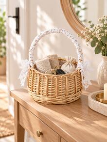 1pc Woven Rattan Basket With Handle, Decorative Ribbon Lace And Tassel Design, Lightweight Handheld Storage Basket, Suitable For Women, Wedding Ceremonies, Party Table Decor, Gift Display, Floral Arrangement And Home Decoration - Multicolor - View 4