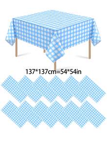 1/6/12PCS-137*274cm Light Blue And White Plastic Plaid Tablecloth, Decorative Disposable Light Blue Checkered Tablecloth, Suitable For Picnic, Farm, Birthday, Wedding Rectangular Tablecloth, Party Tablecloth - Light Blue - View 3