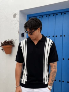 Spring/Summer New Unisex Men's Business Casual Colorblock Striped Minimalist V-Neck Pullover Knit Top Thin Short Sleeve T-Shirt - Black - View 1