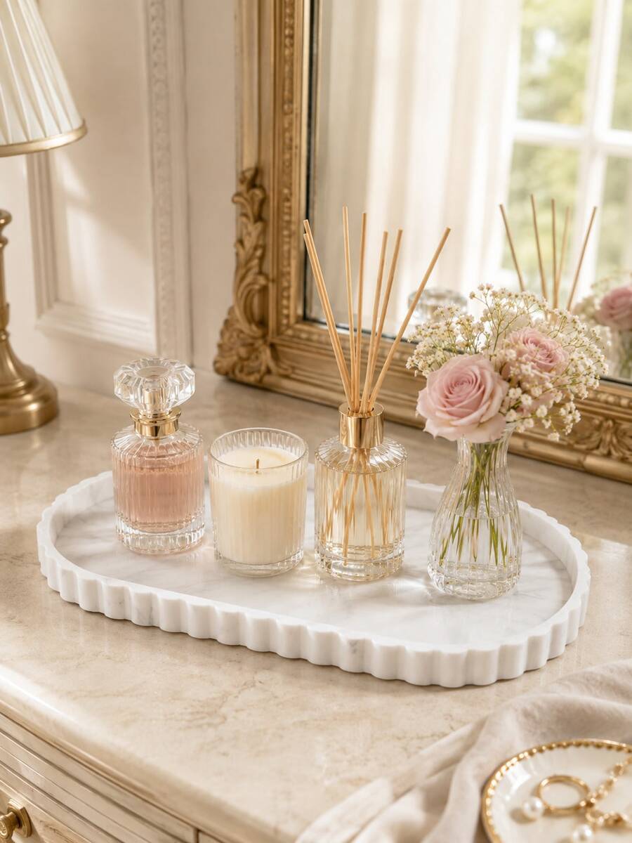 1PC Oval Vanity Tray Decorative Scalloped Storage Tray Perfume Makeup Organizer Jewelry Display Countertop Organizer Dresser Bathroom Bedroom Candle Reed Diffuser Home Decor Tabletop Accent Gift Room Decor Halloween Kitchen Cup Christmas Tools
