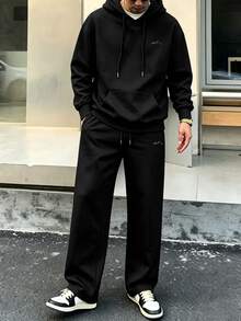 男士長袖抽繩連帽衛衣與運動長褲休閒套裝 - 黑色 - 查看 1