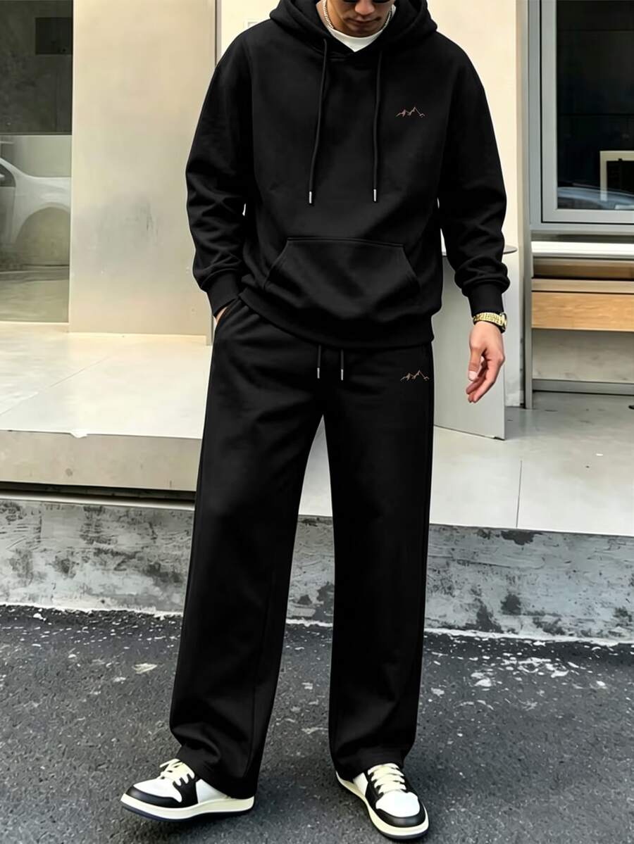 男士長袖抽繩連帽衛衣與運動長褲休閒套裝 - 黑色 - 查看 1