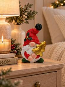 1pc Cute Christmas Gnome Figurines, Red Hat Gnome Holiday Decorations With Gold Tree Lantern Gift Box, Xmas Tabletop Decor For Home, Mantel, Shelf, Desk, Fireplace, Christmas Gift - A - View 10