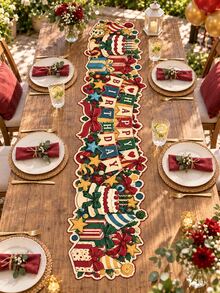 1pc Vintage Birthday Table Runner, Happy Birthday Banner Cake Gift Box Bow Print Long Table Decor, Irregular Edge Party Table Cover For Birthday Party, Dessert Table, Dining Room, Home Decor - Multicolor - View 3