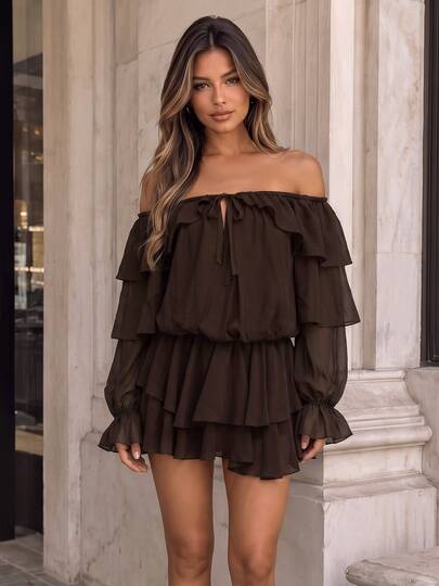 Da Jade Women's Elegant French Casual Vintage Cold Shoulder Layered Ruffle Long Sleeve Chiffon Waist Tie Mini Dress, Suitable For Night Out, Vacation, Casual Outings