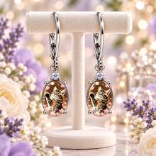 Hello Spring Oval Drop Earrings With Upward Paw Kitten Greeting Embellishment, Women's Cute Pet Theme Jewelry, Perfect Gift For Cat Lovers And Best Friends - Silver - View 4