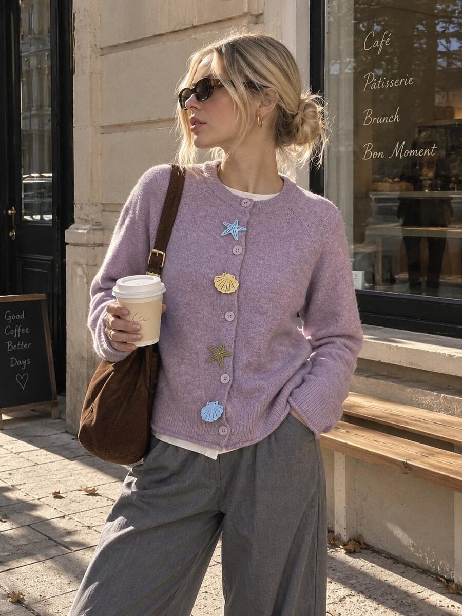 Women's Lilac Knitted Cardigan With Seashell & Starfish Buttons, Round Neck Long Raglan Sleeve Regular Fit Top For Fall & Winter - Lilac Purple - View 1