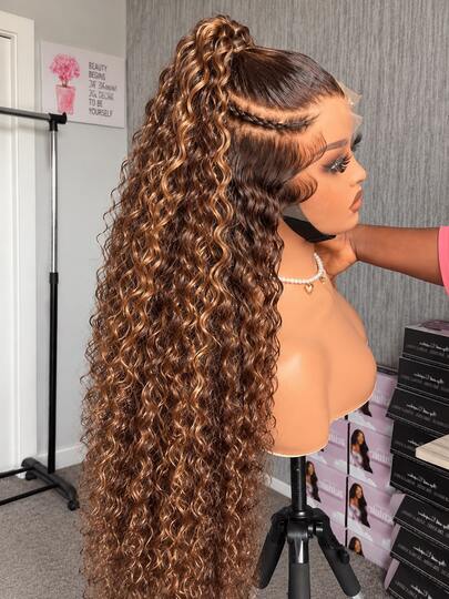 Uveous 34 Inch Highlight Ombre Deep Wave Human Hair Wig 220 Density Honey Blonde 4/27 Deep Curly 13x4 Hd Lace Frontal Wig Pre Bleached Knots With Natural Hairline Brazilian For Women