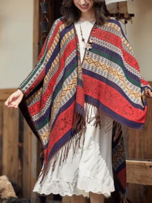 CAMEL CROWN 女款波希米亞風流蘇披肩披風開襟針織斗篷開襟衫 幾何條紋大尺寸 Ruana 毛衣 秋冬旅行休閒穿搭 - 海棠紅 - 查看 2