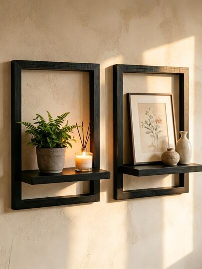 2 estantes flotantes de madera para pared, almacenamiento con soporte invisible para decoración de otoño, sala de estar, dormitorio, soporte para plantas