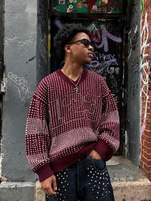BLACKTOEXIT Men's V-Neck Loose Drop Shoulder American Vintage Street Digital Jacquard Plaid Pullover Knit Sweater, Autumn/Winter - Red - View 1