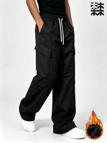 MULINSEN Men's Drawstring Waist Multi-Pocket Flap Wide Leg Cargo Pants, Solid Color Loose Straight Leg Casual Trousers - Black - View 2