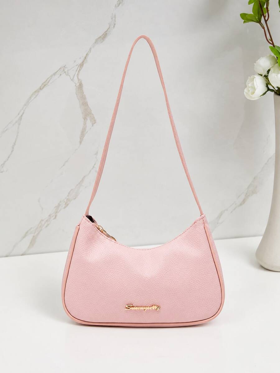 1pc Women's Minimalist Solid Color Litchi Texture Underarm Bag, Metal Letter Logo Shoulder Baguette Bag, Casual Zipper Lightweight Commuter Small Bag - Pink - View 1
