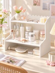 Estantería de almacenamiento de doble capa estilo coreano, organizador de escritorio, estantería de almacenamiento para cosméticos, papelería y libros de dormitorio y oficina, estantería de almacenamiento para perfumes, aperitivos y suministros de baño, estantería decorativa de almacenamiento para el hogar - Blanco - Ver 1