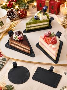 12PCS Black Triangle Cake Slice Trays, Mousse Dessert Serving Bases With Pull Tab, Elegant Pastry Display Plates For Christmas Holiday Party, Bakery Table Decor - View 6