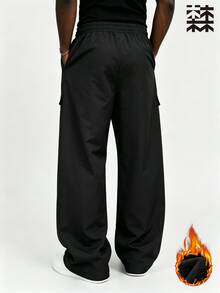 MULINSEN Men's Drawstring Waist Multi-Pocket Flap Wide Leg Cargo Pants, Solid Color Loose Straight Leg Casual Trousers - Black - View 5