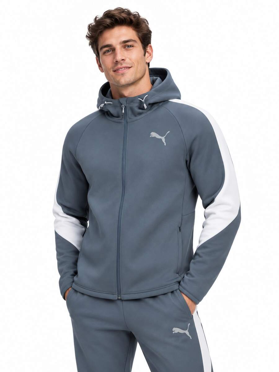 Puma 休閒運動服針織連帽跑步外套時尚潮流經典休閒運動夾克 - 霧霾藍 - 查看 1