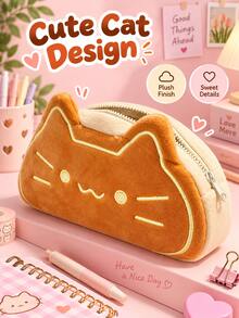 1pc Cute Cat Plush Pencil Case – Soft Cartoon Kitten High-Capacity Pen Pouch – Zippered Stationery Organizer - Multiple Styles - View 5