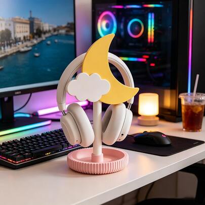 1 pièce Support de casque mignon Nuage & Lune, étagère de rangement de bureau en forme de cœur, organisateur de bureau esthétique, décoration de chambre douce & charmante, cadeau unique pour les joueurs et les amis, cadeau parfait pour Noël, Halloween, anniversaire