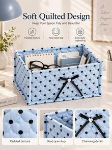 Sweet Polka Dot Quilted Fabric Storage Bin, Rectangular Soft Storage Box With Bow Decoration, Large Capacity Multi-Functional Storage Box, Suitable For Cosmetics, Snacks, Ideal For Desktop, Bathroom And Bedroom Home Storage - Multicolor - View 3