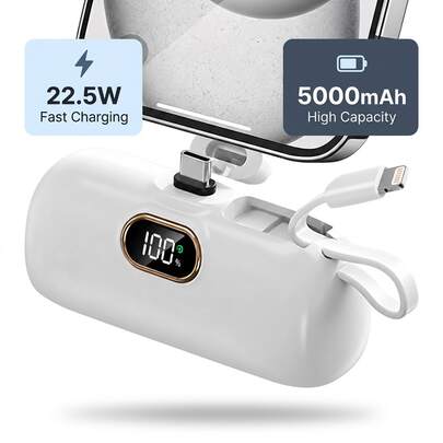 White 5000mAh Power Bank With 22.5W Fast Charging And Gold-Tone Trim Around A Front Digital Screen. Charger Compatible With 18Pro And 18Pro Max, Featuring A Built-In Plug And Attached Cable. A Travel Essential Among Christmas Gifts For Students Balancing Library Sessions, Campus Activities And Short Visits Home During Their Semester Breaks.