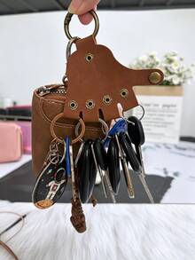 Tempat Kunci Kulit Asli Vintage untuk Pria, Dompet Kunci Kapasitas Besar untuk Kunci Mobil & Kartu, Kantong Kunci Portabel Anti-Hilang untuk Perjalanan Sehari-hari - Coklat - View 5