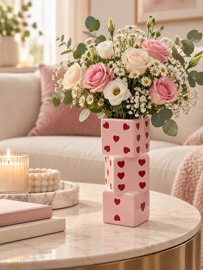 1pc Pink Vertical Dice Vase, Heart Pattern Layered Dice Vase, Cute Minimalist Decorative Vase, Suitable For Fresh Flowers And Artificial Flowers, Aesthetic Room Decor For Desk, Bookshelf, Coffee Table, Vanity, Valentine's Day Gift