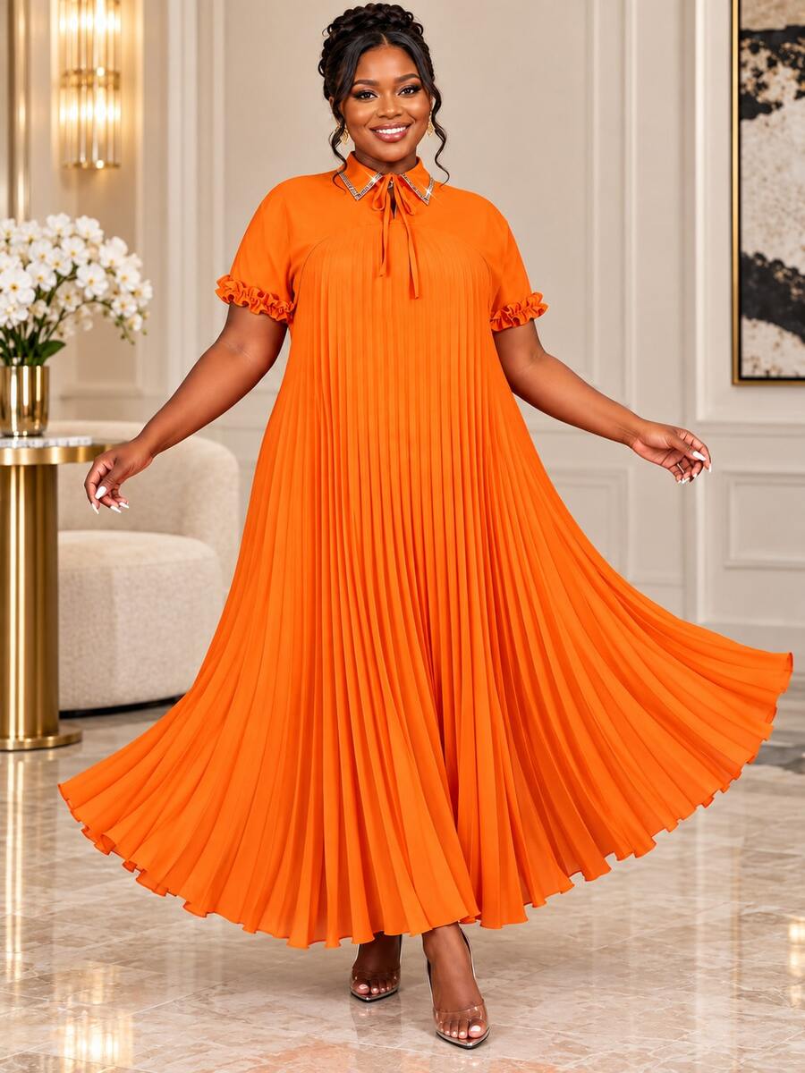 Plus Size Orange Loose Fit Pleated Maxi Dress Ruffle Short Sleeves Beaded Collar Elegant Church Wedding Guest Casual Daily Wear - Orange - View 1