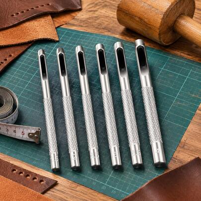 CXRYLZ Juego de 6 piezas de perforadoras de cuero de acero al carbono hueco, perforadora de agujeros para cinturón de 1.5mm-4mm con agarre moleteado, herramienta minimalista plateada para manualidades de cuero
