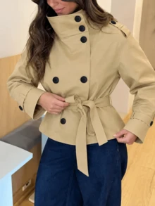 Veste trench pour femme printemps automne hiver, élégante veste de ville couleur kaki col montant double boutonnage trench court avec ceinture à la taille et design d'épaulettes, veste de ville début automne style britannique - Kaki - Voir 2