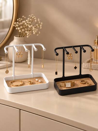 1 White/Black Jewelry Organizer With A Necklace Hanger And Ring Box; A Multifunctional Jewelry Display Stand Suitable For Vanities And Dressing Tables; A Decorative Home Storage Item For Organizing Necklaces, Rings, And Everyday Accessories
