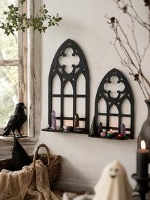 1pc Arched Wall-Mounted Storage Rack, Vintage Gothic Style Black Hollow Wall Display Shelf, Cathedral-Inspired Mini Plant Shelf, Halloween Party Backdrop Candle Holder Wall Storage Rack, Home Decor For Entryway, Living Room, Study, Bedroom, Aromatherapy Stone & Crystal Display, Gift - B - View 7