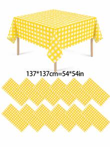1/6/12PCS-137*274cm Yellow And White Plastic Checkered Tablecloth, Decorative Disposable Yellow Plaid Tablecloth, Suitable For Picnic, Farm, Birthday, Wedding Rectangular Tablecloth, Party Tablecloth - Yellow - View 3