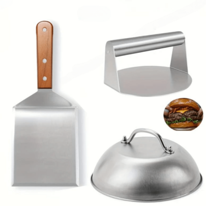 Conjunto de Prensa para Hambúrgueres – Prensa para Hambúrgueres em Aço Inoxidável Resistente, Grelha, Costelas e Tampa. Adequado para Produtos de Carne, Sanduíches e Todos os Tipos de Carne. Fácil de Usar e Prático | Utensílio de Cozinha