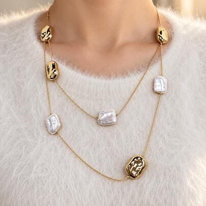 1pc Women's Gold Long Necklace, Asymmetrical Faux Pearl With Hammered Geometric Bead Decor, Elegant High-End Personalized Accessory, Suitable For Daily Commute, Party And Gift Giving
