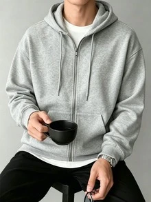 男士春秋冬款極簡寬鬆落肩拉鍊連帽運動衫，附口袋 - 灰色 - 查看 1
