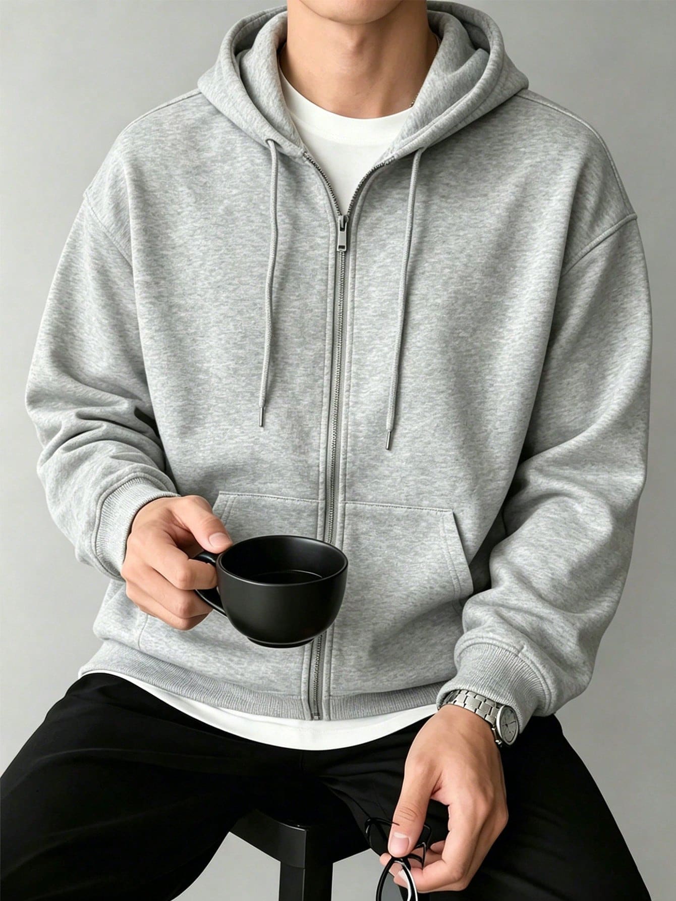 男士春秋冬款極簡寬鬆落肩拉鍊連帽運動衫，附口袋 - 灰色 - 查看 1