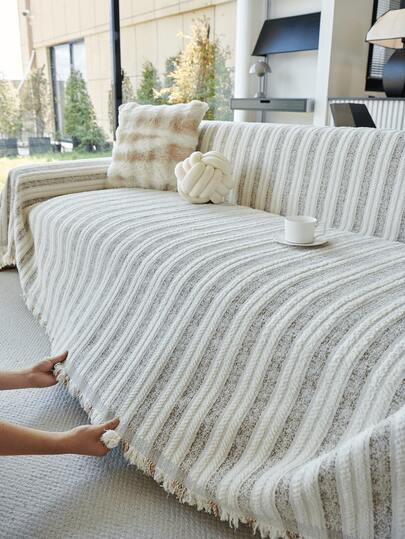 1 pieza Manta de sofá de chenilla con rayas verticales texturizadas y borlas, manta de sofá gruesa y suave de cobertura completa, protector de muebles resistente a arañazos y a prueba de polvo, decoración minimalista para la sala de estar