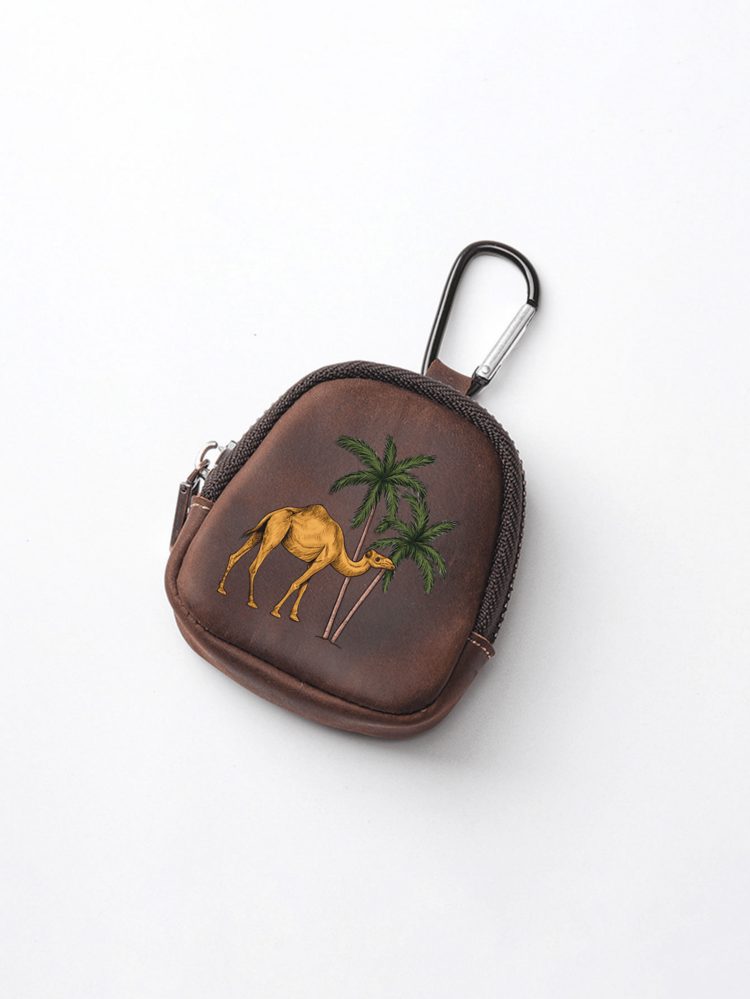 Vintage Camel Palm Tree Mini Leather Coin Purse With Carabiner, Earphone & Key Storage Bag, Portable PU Leather Earphone Organizer, Outdoor Travel Mini Bag - Multicolor - View 11