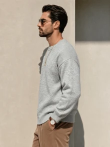 Men's Fashion Casual Vacation Versatile Solid Color Minimalist Crew Neck Long Sleeve Loose Ribbed Pullover Sweater Knit Top Daily Commute Home Wear Autumn/Winter - Grey - View 4