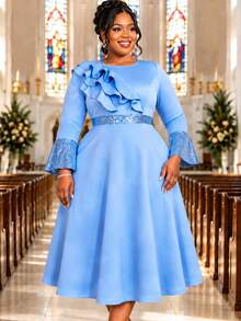 AOMEI Plus Size Women's Elegant Noble Luxurious Blue Mid-Length A-Line Dress, Long Flared Sleeve Design, Round Neck With Ruffle Trim, Suitable For Wed - Baby Blue - View 2