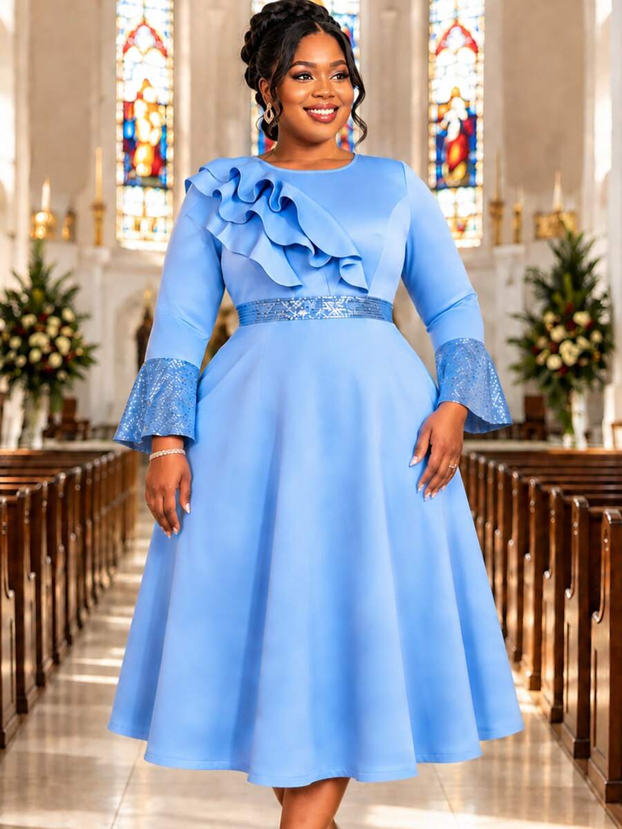 AOMEI Plus Size Women's Elegant Noble Luxurious Blue Mid-Length A-Line Dress, Long Flared Sleeve Design, Round Neck With Ruffle Trim, Suitable For Wed