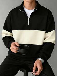Men's Spring/Autumn Fashion Versatile Colorblock Zip-Up Sweatshirt - Black - View 3