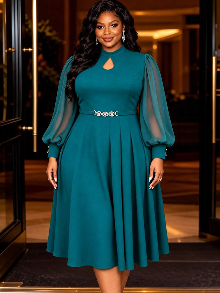 Plus Size Women's Elegant Hollow High Collar Chiffon Sheer Lantern Sleeve A-Line Dress Party Wedding Fall