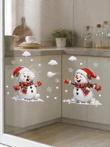 2pcs Christmas Snowman Window Stickers, Cute Cartoon Winter Snowman With Christmas Hat, Scarf And Snowflake Design, Easy To Install Double-Sided Visible Static Window Decals, Suitable For Bedroom, Living Room, Door Glass Holiday Home Decor - one-size - View 5