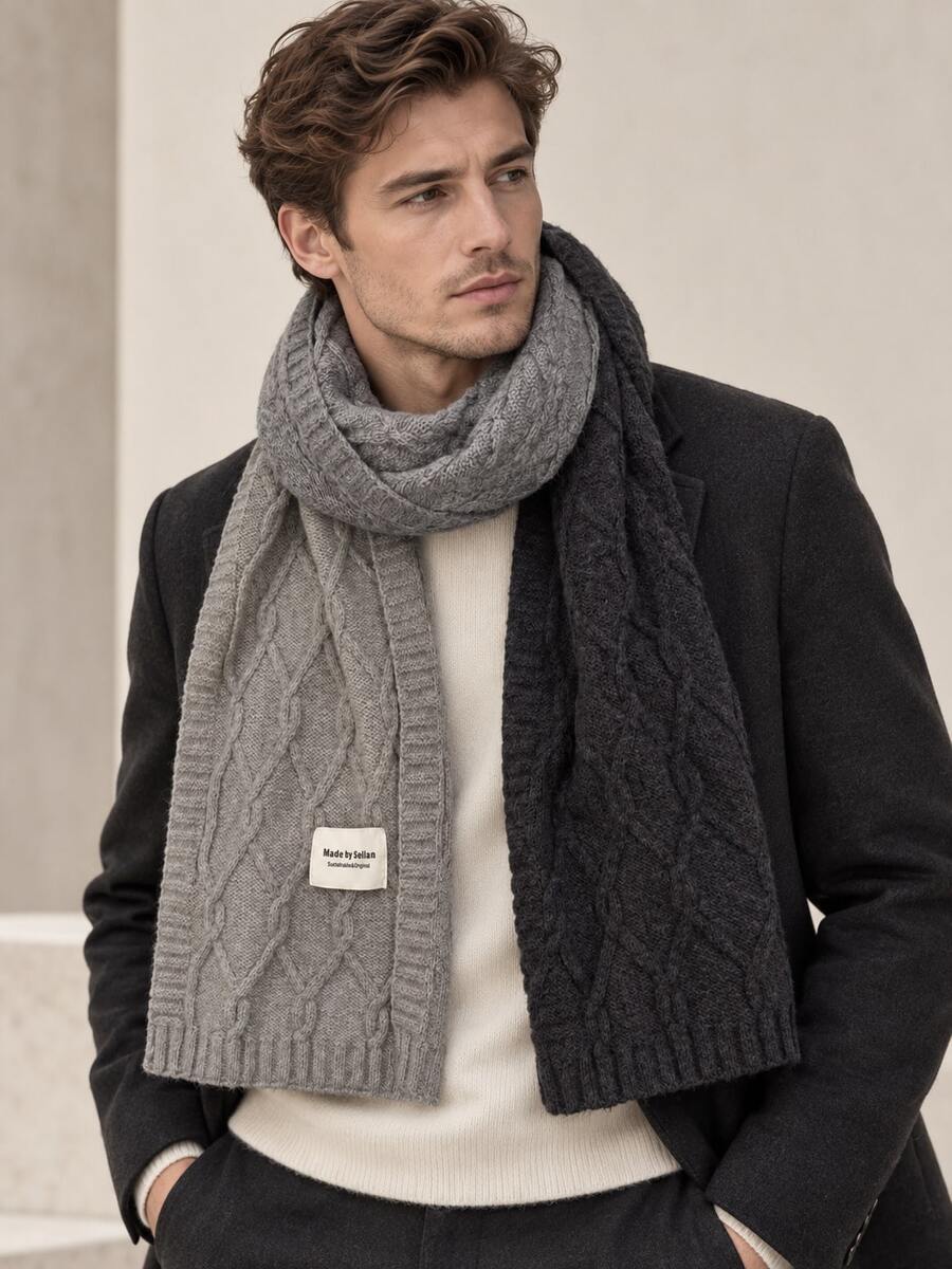 1pc Gradient Color Cable Knit Men's Scarf, Autumn/Winter Vintage Soft Warm Long Neck Warmer, Versatile - Multicolor - View 1